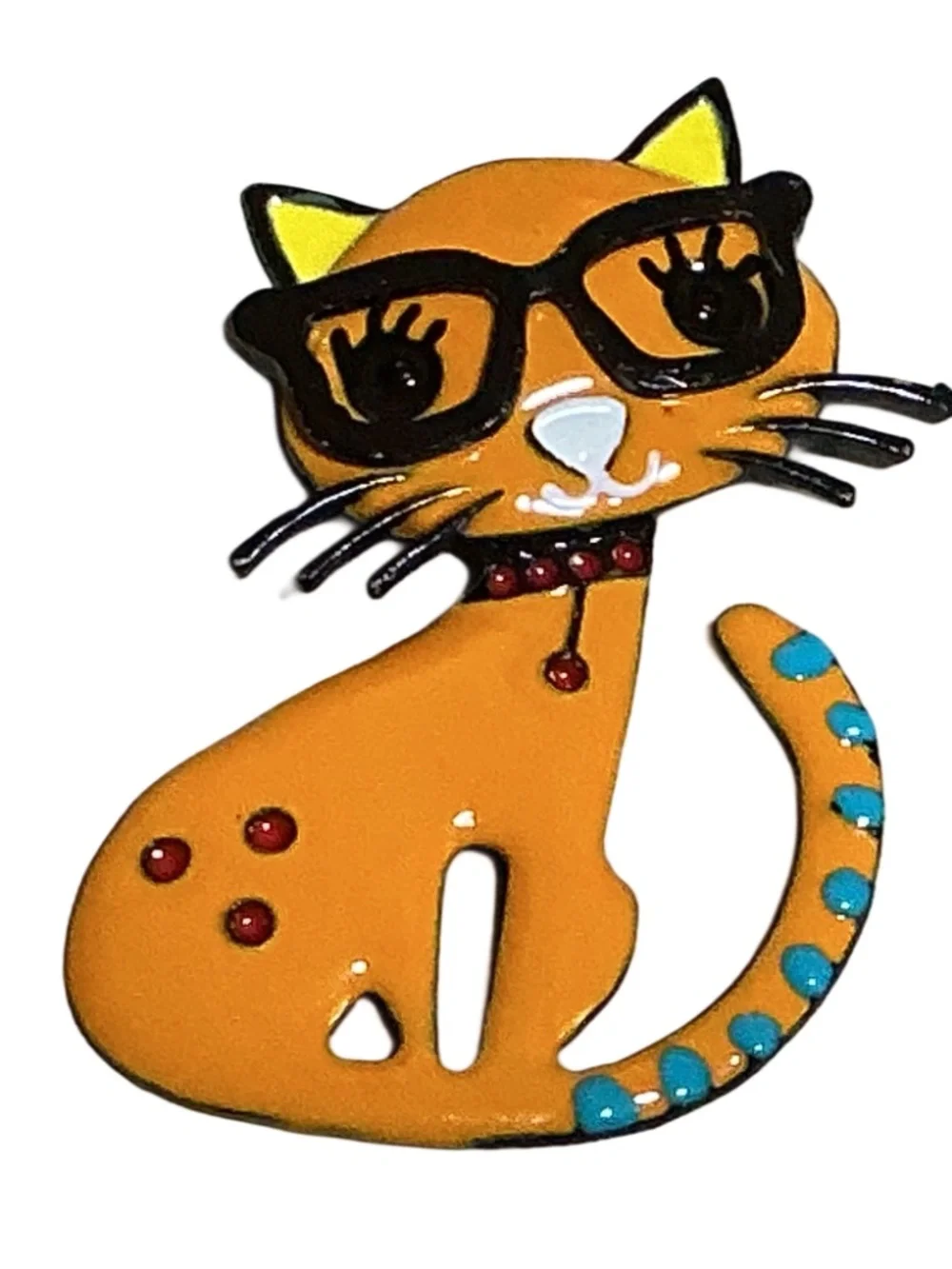 Orange Cat Brooch, Whimsicaal with Glasses, Enamel, Cute, Sitting Curled Up Tail
